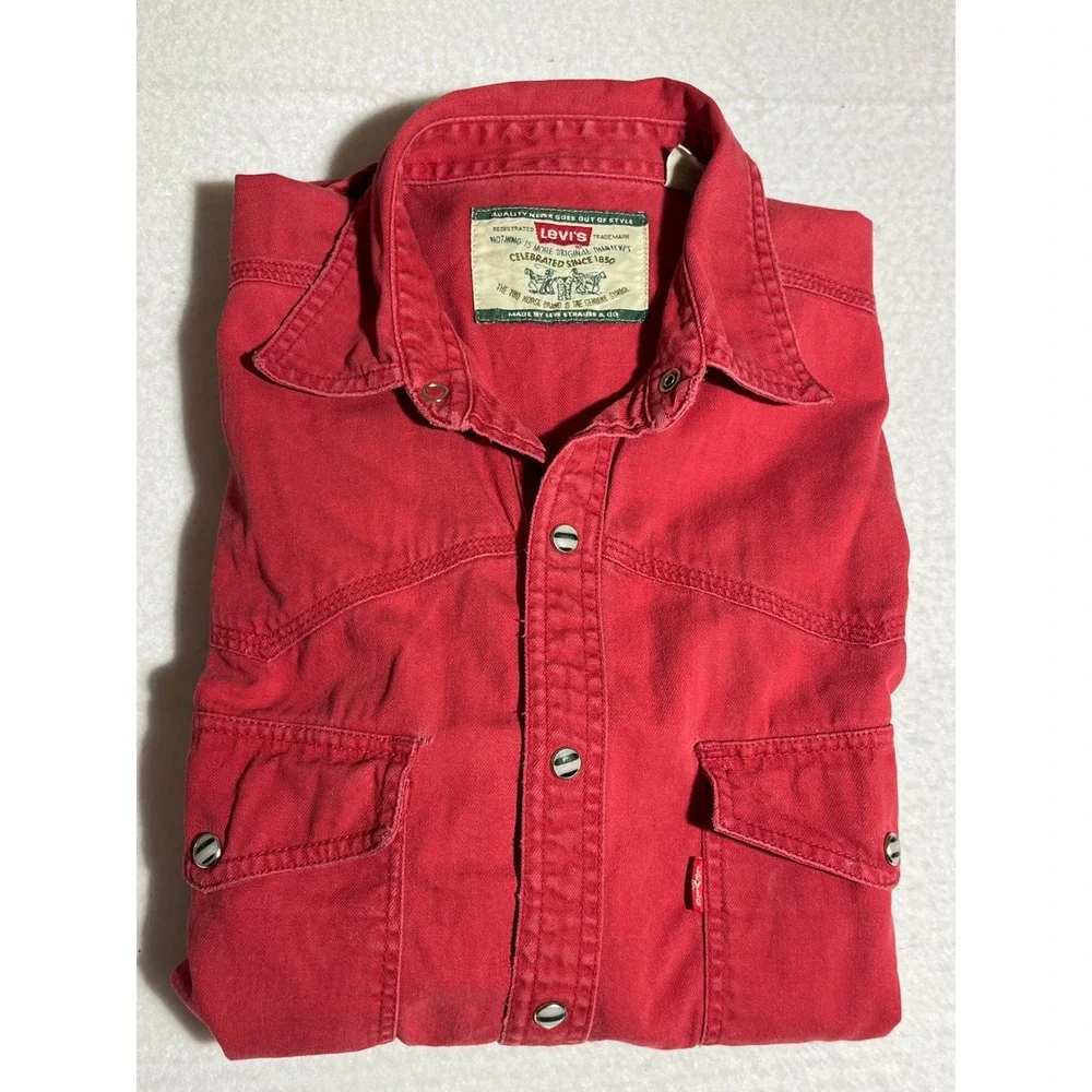 Vintage 90s Levis Modern Authentics Red Western Pearl Snap Retro Shirt Cotton